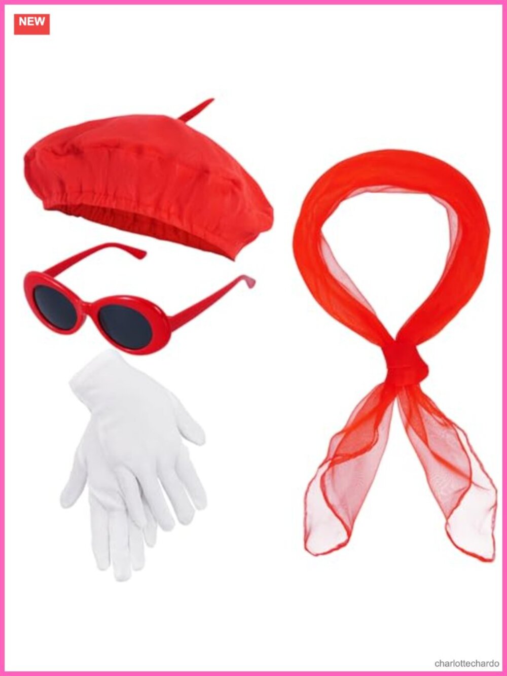 4pc French Beret Hat Scarf Gloves Sunglasses Costume Set Women
